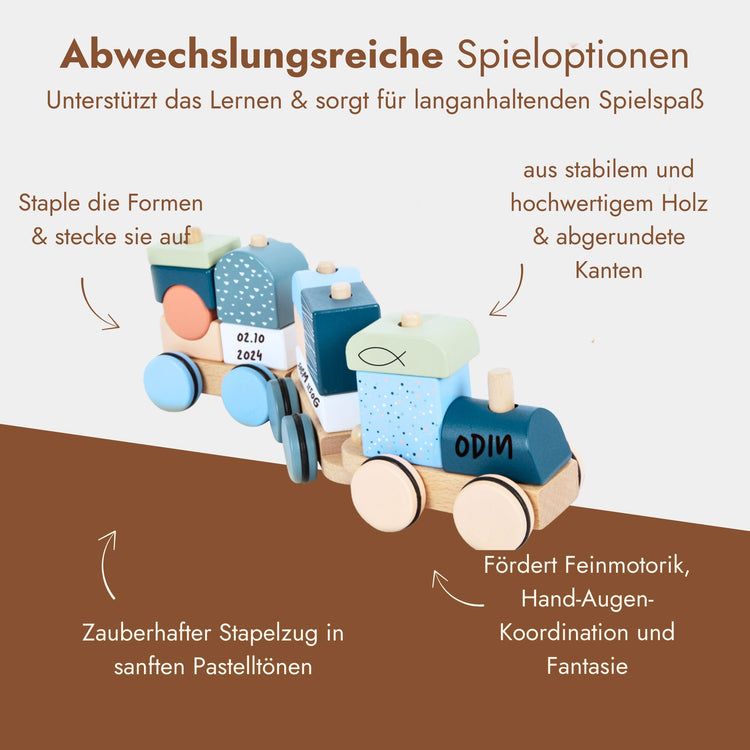 Personalisierter Holz-Stapelzug in Pastelltoenen mit graviertem Namen und Geburtsdatum fuer Kleinkinder.