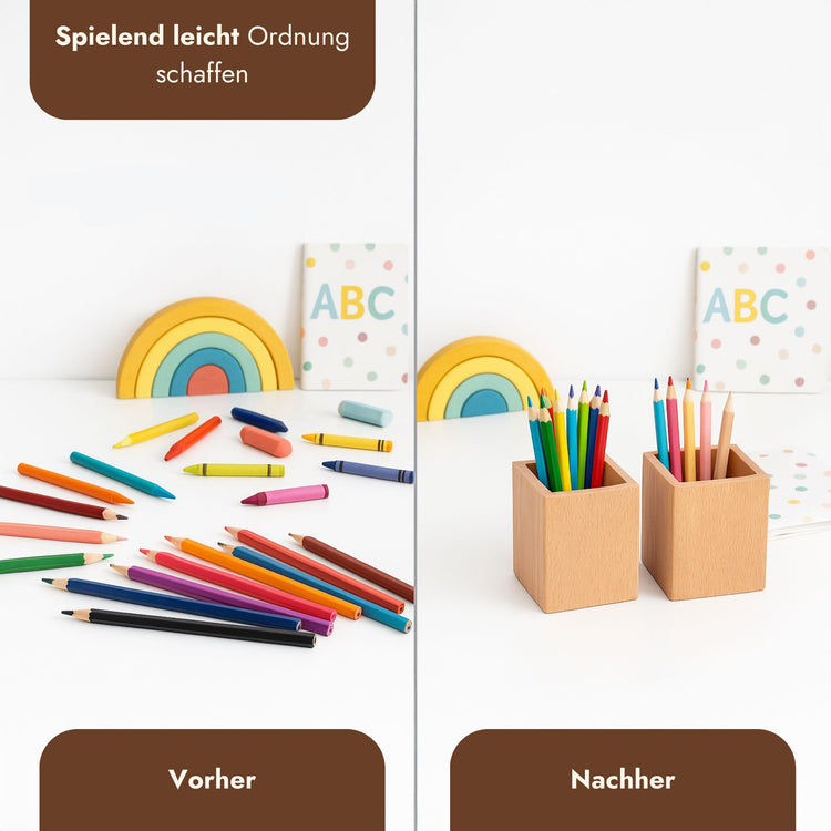 Personalisierbare Stiftehalter aus Buchenholz im Vorher-Nachher-Vergleich mit bunten Stiften auf Kinderschreibtisch.