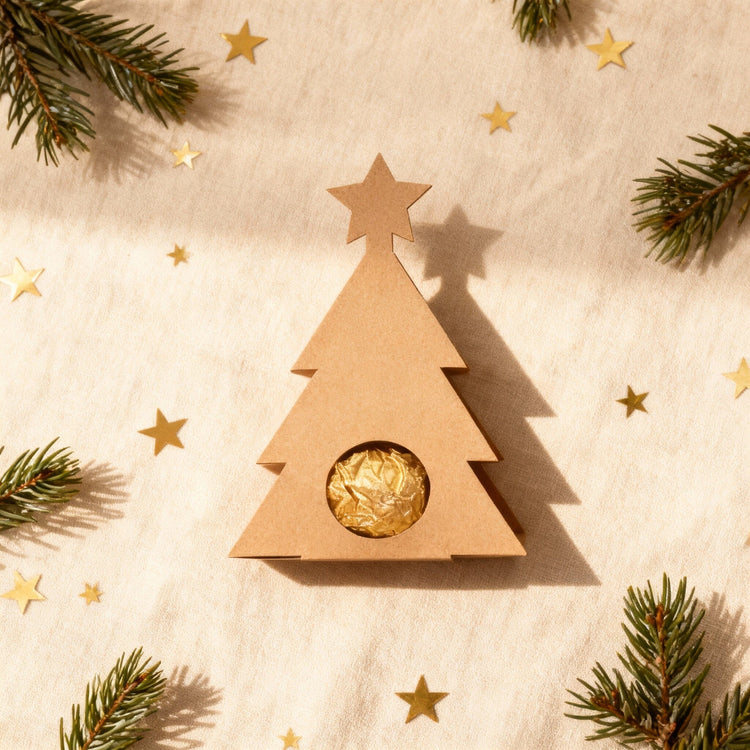 Weihnachtsbaum-Schokoladenhalter aus Kraftkarton mit goldenem Pralinenausschnitt und Stern-Dekoration.