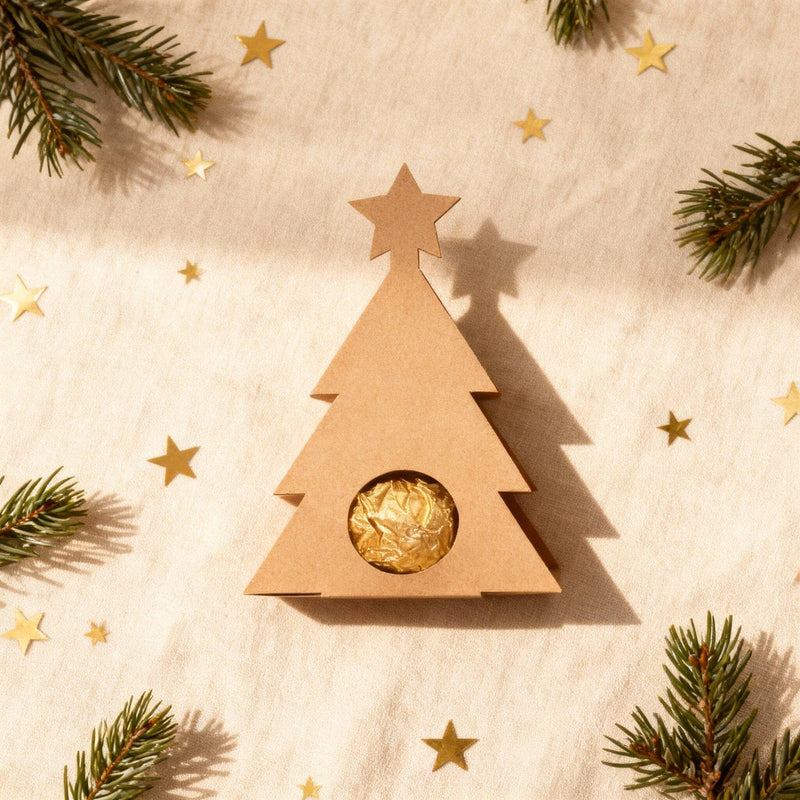 Weihnachtsbaum-Schokoladenhalter aus Kraftkarton mit goldenem Pralinenausschnitt und Stern-Dekoration.