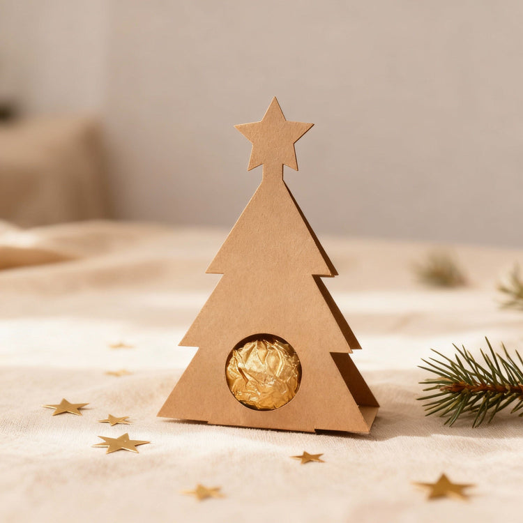 Weihnachtsbaum-Schokoladenhalter aus Kraftpapier mit Stern und goldener Praline als personalisiertes Geschenk.