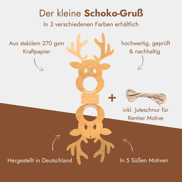Rentier Schokoladenhalter aus Kraftpapier mit Juteschnur, nachhaltiges Weihnachtsgeschenk hergestellt in Deutschland.