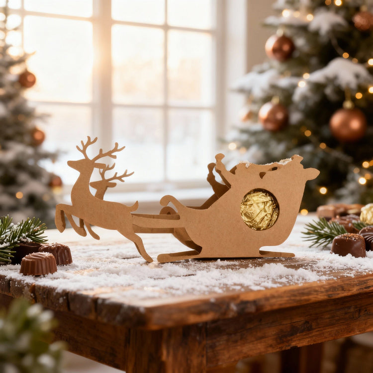 Rentier-Schokoladenhalter aus Holz mit Schlitten fuer Ferrero Rocher auf weihnachtlich dekoriertem Tisch.
