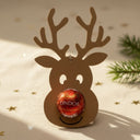 Brauner Rentier-Schokoladenhalter aus Holz mit Lindor-Kugel als Nase, weihnachtliches Geschenk mit Geweih-Silhouette.