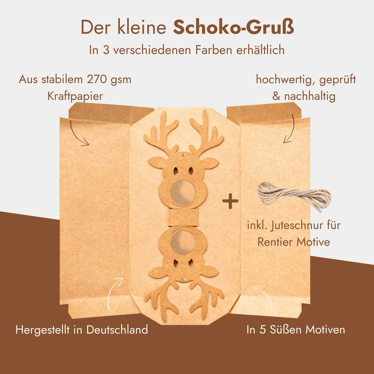 Rentier Schokoladenhalter aus Kraftpapier mit Aussparungen fuer Schokokugeln und Juteschnur zum Aufhaengen.
