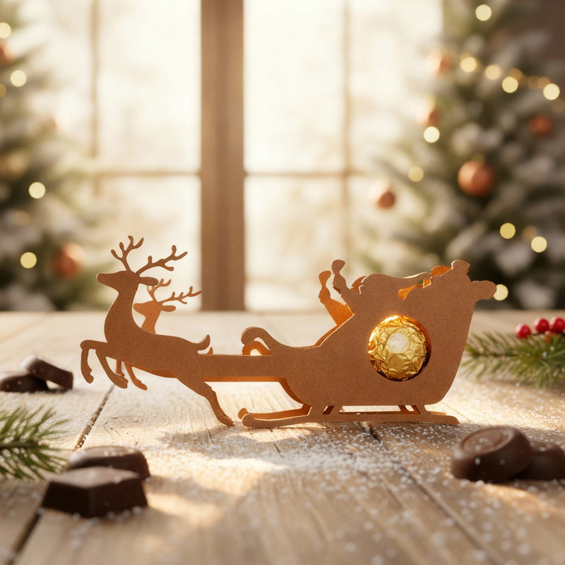 Rentier-Schokoladenhalter aus Holz mit Schlitten und goldener Praline in weihnachtlicher Dekoration.