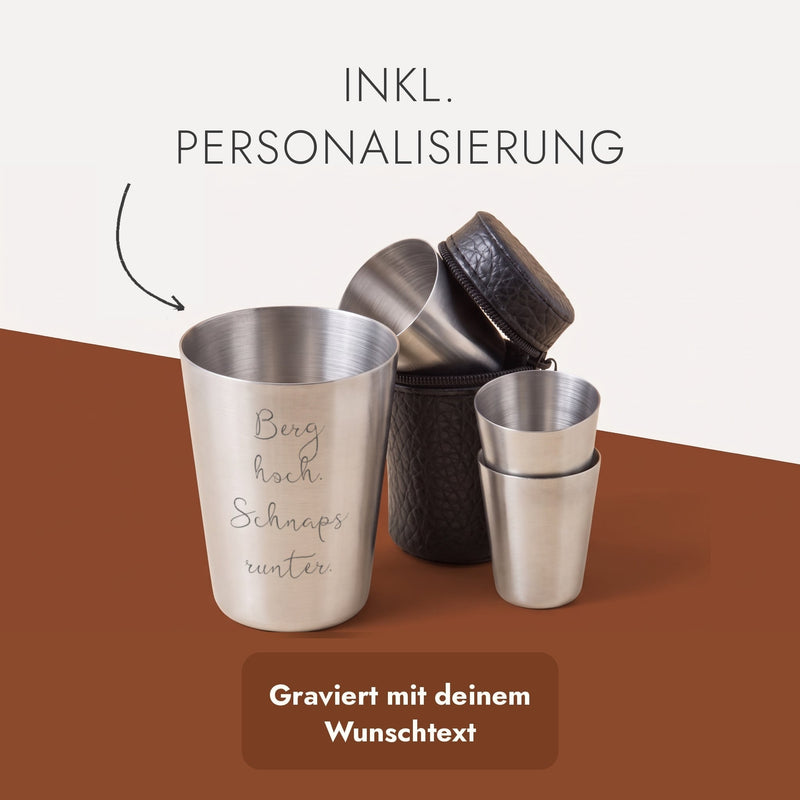 Schnapsgläser-Set aus Edelstahl mit Gravur „Berg hoch. Schnaps runter.“, Text: Inkl. Personalisierung, graviert mit deinem Wunschtext.