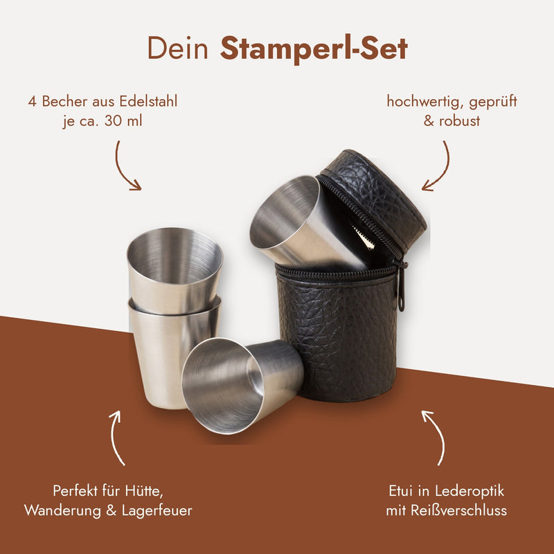 Dein Stamperl-Set: 4 Becher aus Edelstahl je 30 ml, robust, Etui in Lederoptik mit Reißverschluss, perfekt für Hütte, Wanderung und Lagerfeuer.