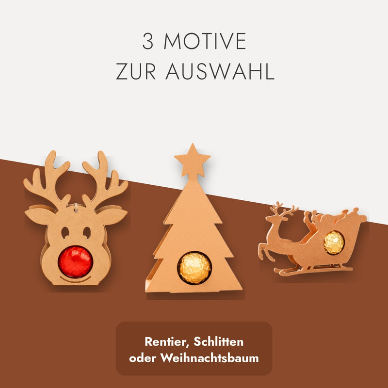 Drei Motive zur Auswahl: Schokoladenhalter Rentier, Schlitten und Weihnachtsbaum aus Kraftpapier