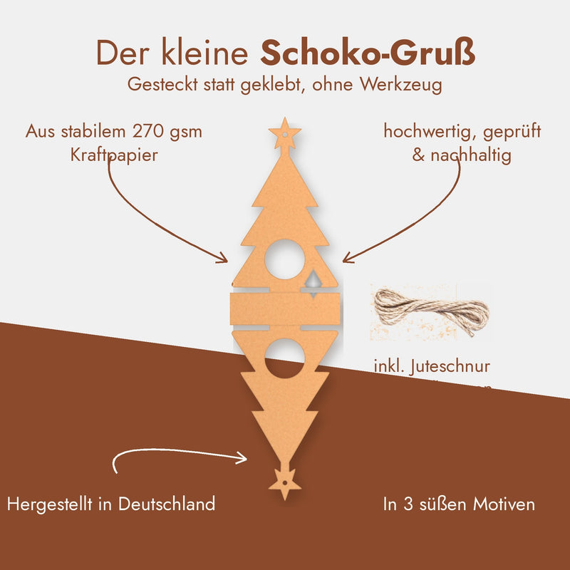 Weihnachtsbaum Schokoladenhalter aufgeklappt: gesteckt statt geklebt, inklusive Juteschnur, hergestellt in Deutschland