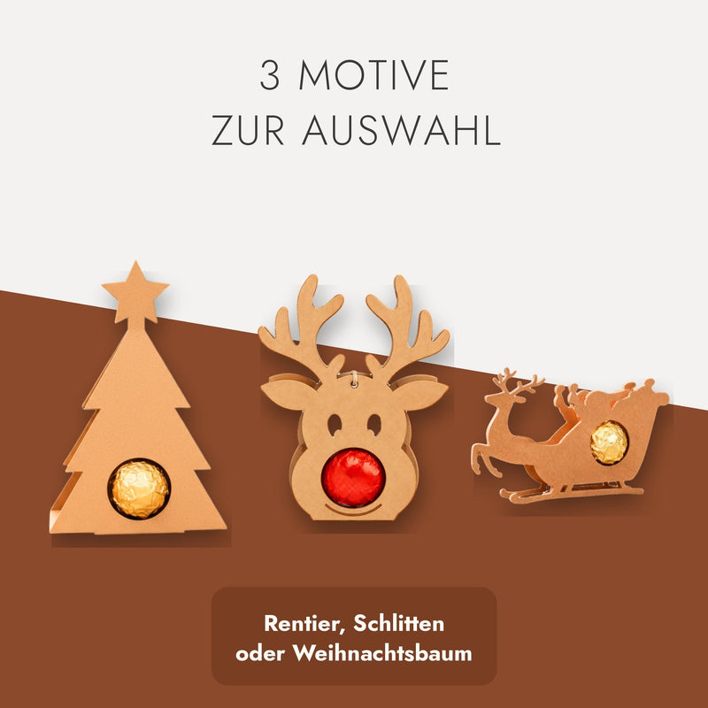 Drei Motive zur Auswahl: Schokoladenhalter Weihnachtsbaum, Rentier und Schlitten aus Kraftpapier