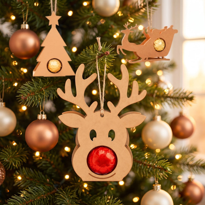 Rentier Schokoladenhalter mit Juteschnur am Christbaum, daneben Weihnachtsbaum und Schlitten als Baumschmuck