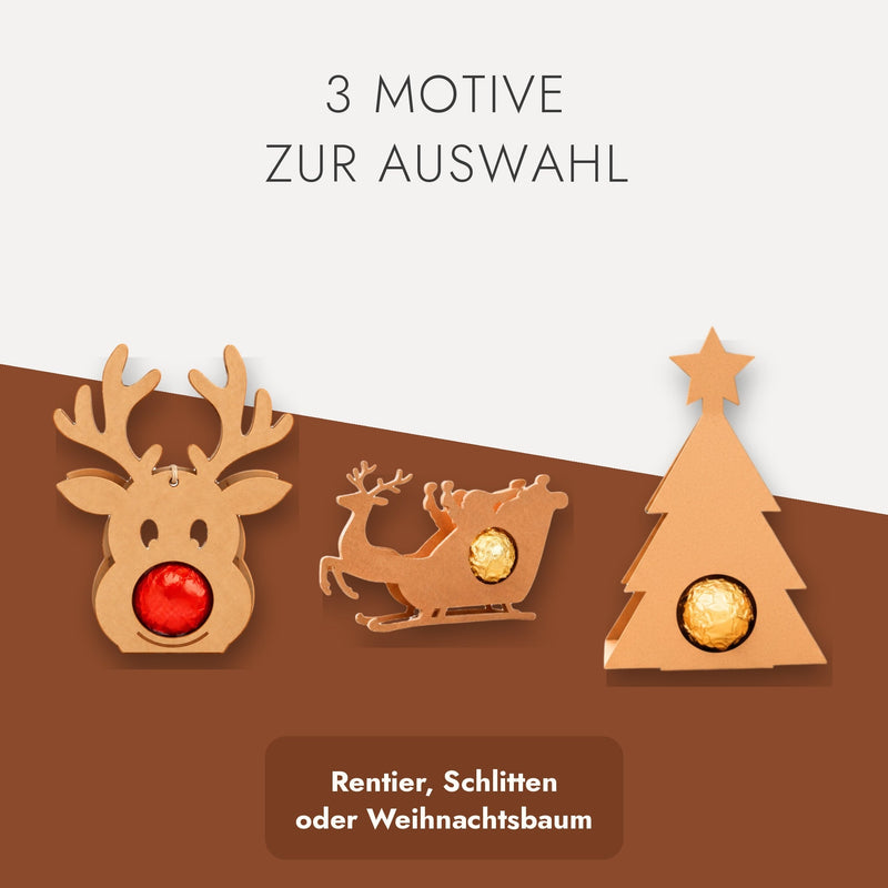 Drei Motive zur Auswahl: Schokoladenhalter Rentier, Schlitten und Weihnachtsbaum aus Kraftpapier