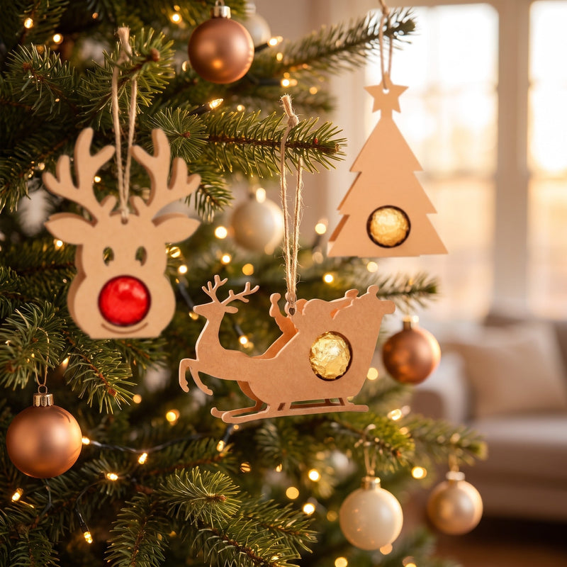 Rentier-Schlitten Schokoladenhalter mit Juteschnur als Baumschmuck am Christbaum
