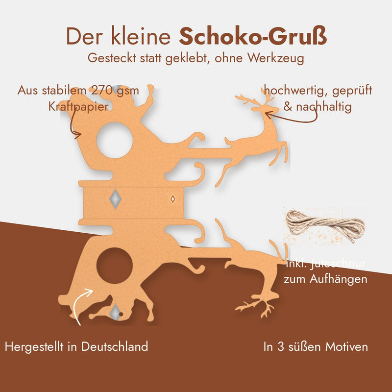 Rentier-Schlitten Schokoladenhalter aufgeklappt: gesteckt statt geklebt, inklusive Juteschnur, hergestellt in Deutschland