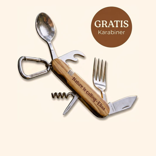 Campingbesteck Set 6-teilig aus Edelstahl & Olivenholz mit Karabiner – Outdoor Camping Reisen