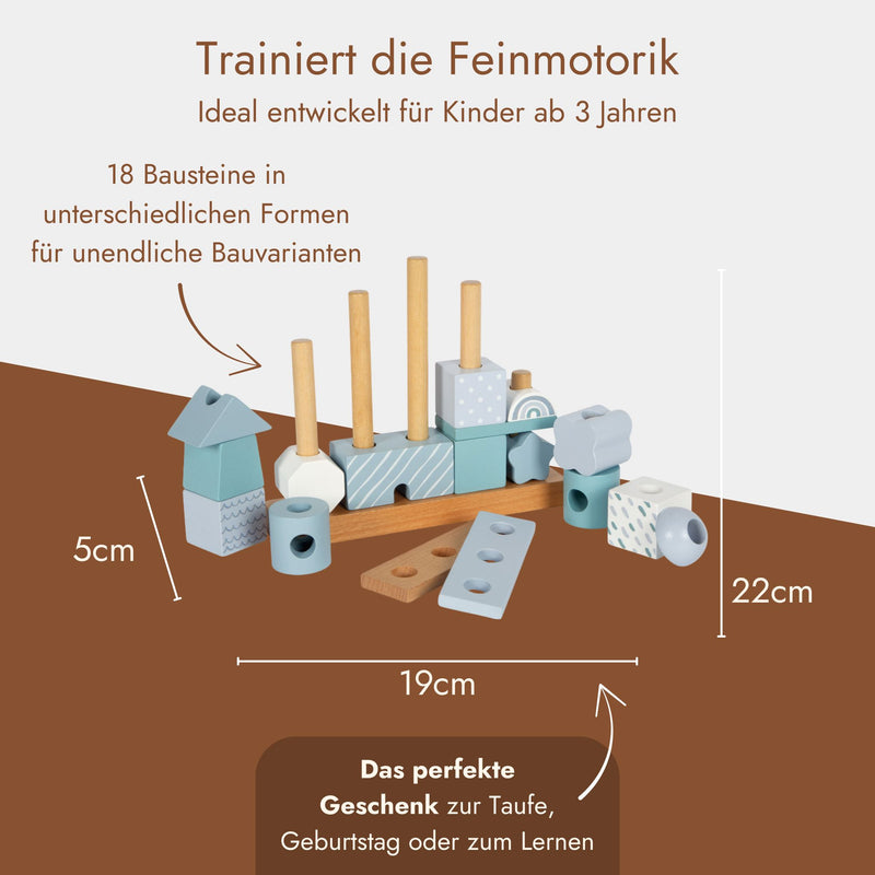 Stapelhaus aus Holz in Rosa und Blau mit 18 Bausteinen in verschiedenen Formen fuer Kinder ab 3 Jahren.