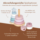 Stapelturm aus Holz mit pastellfarbenen Ringen und Stern-Aufsatz zur Foerderung der Feinmotorik bei Kindern.