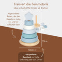 Stapelturm aus Holz mit pastellfarbenen Ringen und Stern-Aufsatz, schaukelnder Boden, ideal als Geschenk zur Taufe.