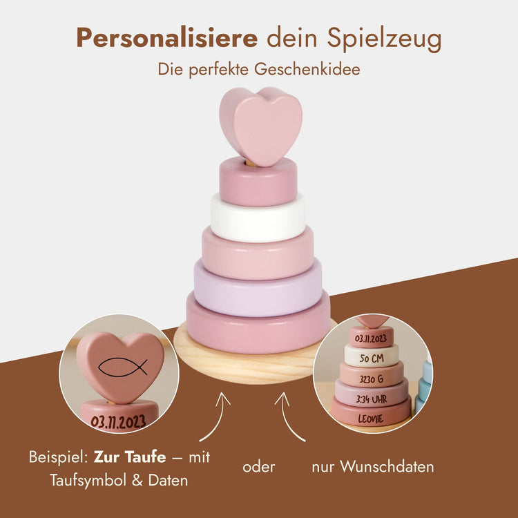 Personalisierbarer Stapelturm aus Holz in Rosa mit Herzspitze und individueller Gravur fuer Taufe oder Geburt.
