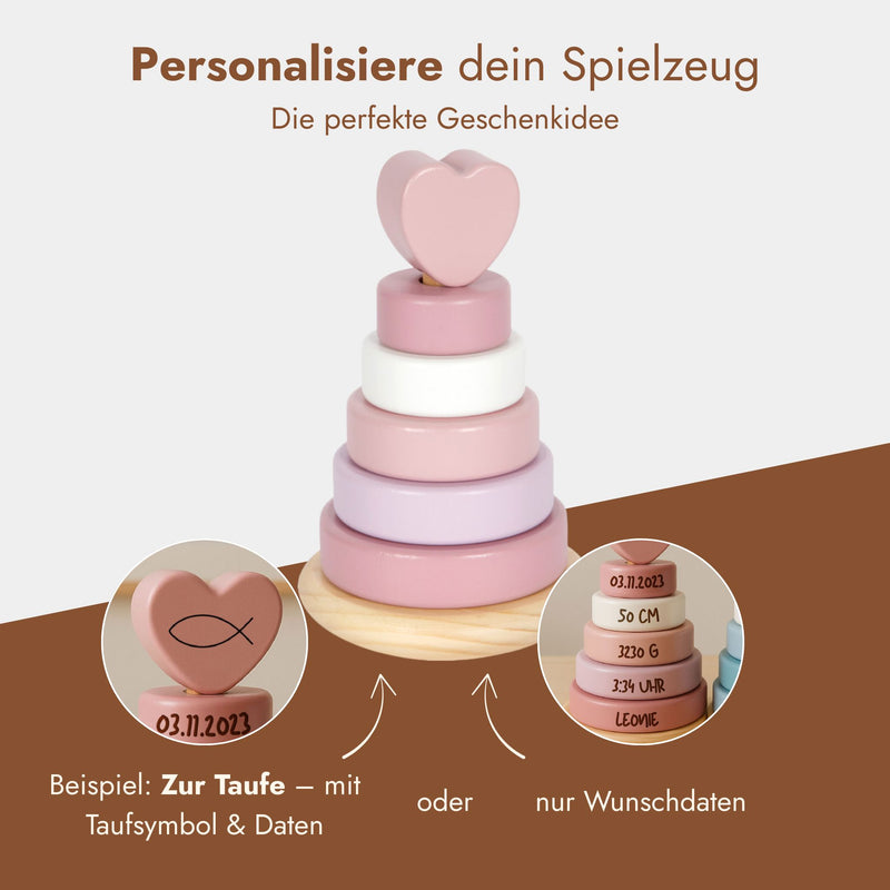 Personalisierbarer Stapelturm aus Holz in Rosa mit Herzspitze und individueller Gravur fuer Taufe oder Geburt.