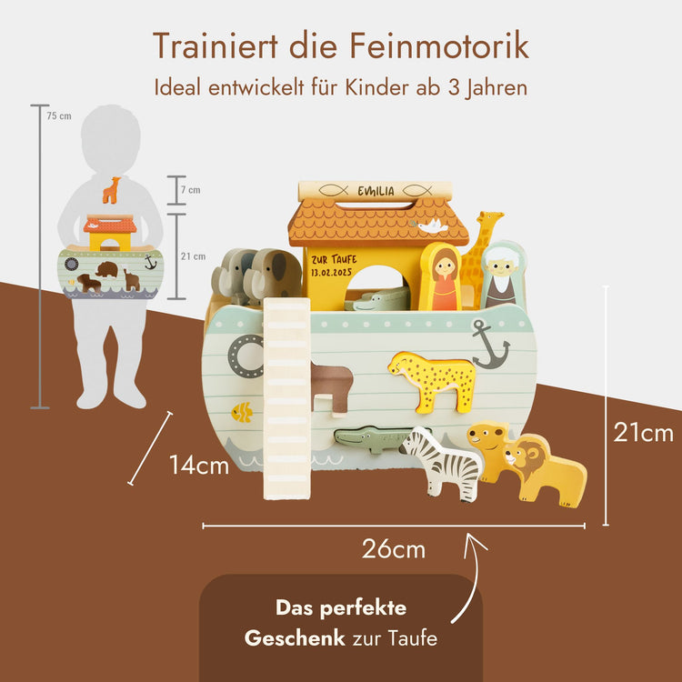 Personalisierte Arche Noah aus Holz als Steckspiel mit gravierten Namen und Tierfiguren, ideales Taufgeschenk.