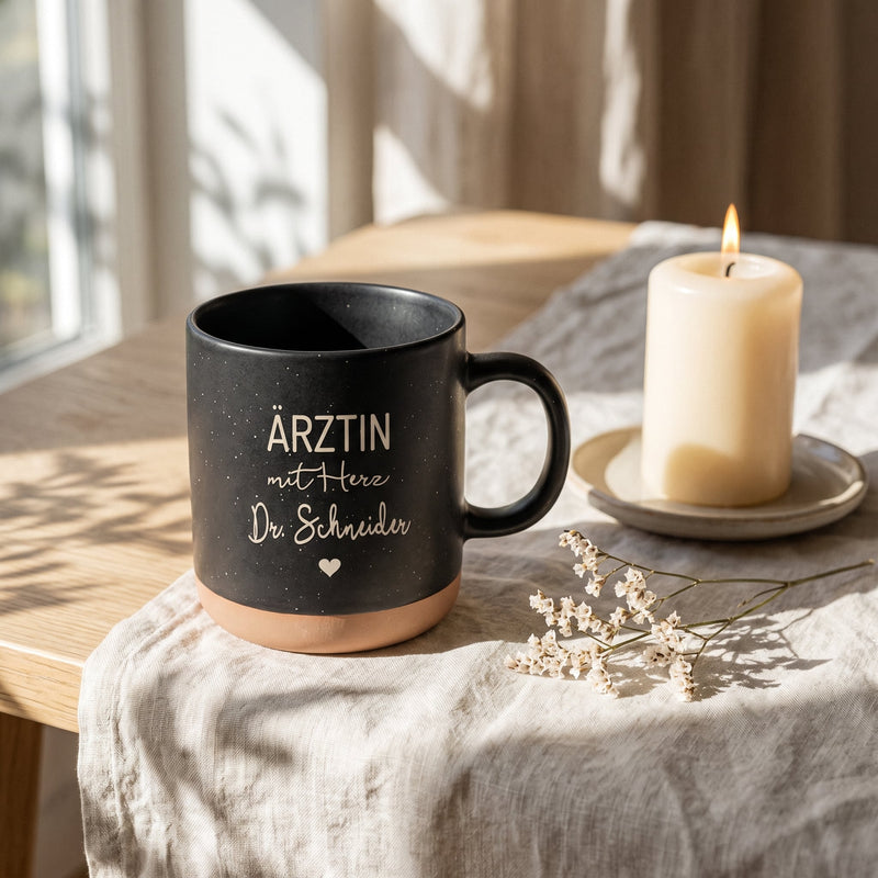 Tasse Ärztin mit Herz personalisiert mit Name in schwarz: aerztin, auf Leinen mit Kerze und Trockenblumen.
