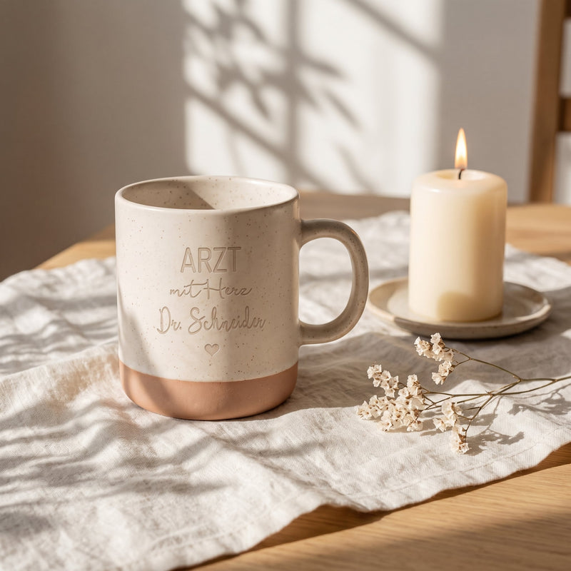 Steingut Tasse 360ml - Ärztin in weiß: arzt, auf Leinen mit Kerze und Trockenblumen.