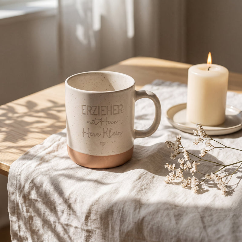 Steingut Tasse 360ml - Erzieherin in weiß: erzieher, auf Leinen mit Kerze und Trockenblumen.