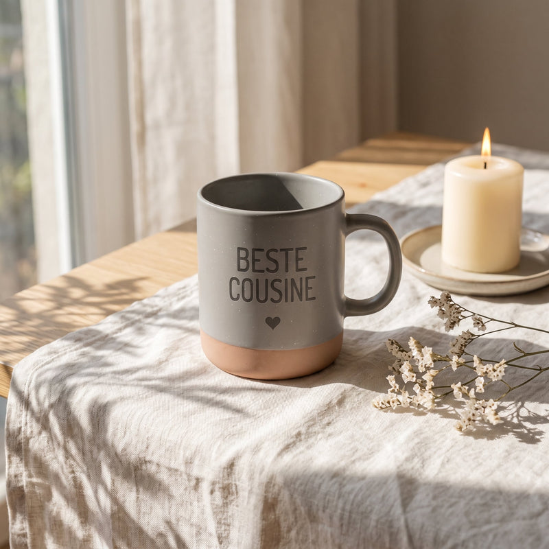 Keramik Tasse 360ml - Beste in grau: beste cousine, auf Leinen mit Kerze und Trockenblumen.