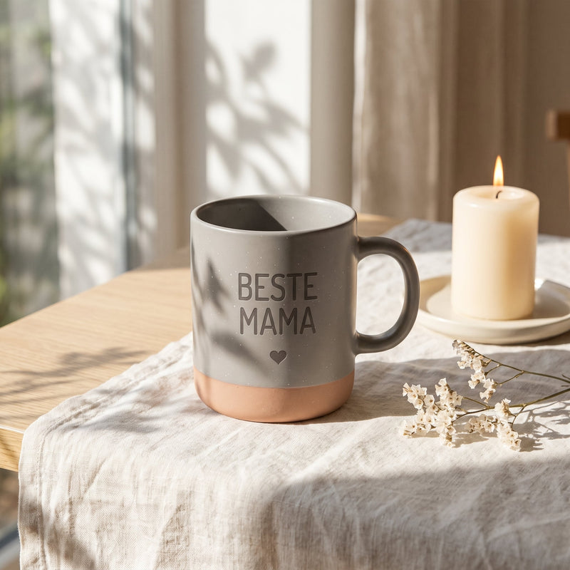 Keramik Tasse 360ml - Beste in grau: beste mama, auf Leinen mit Kerze und Trockenblumen.