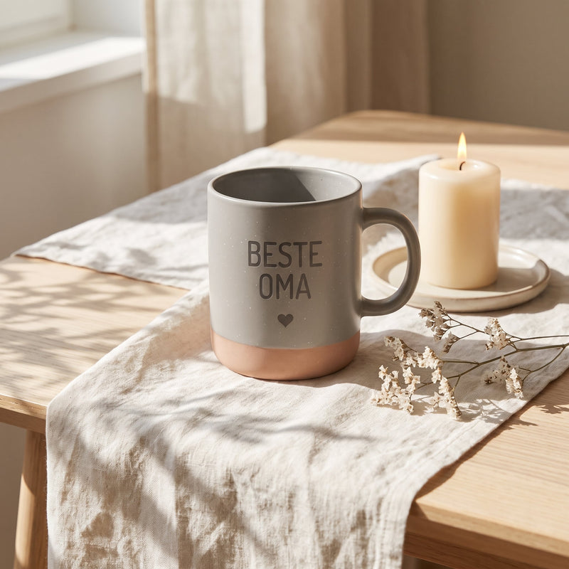 Keramik Tasse 360ml - Beste in grau: beste oma, auf Leinen mit Kerze und Trockenblumen.