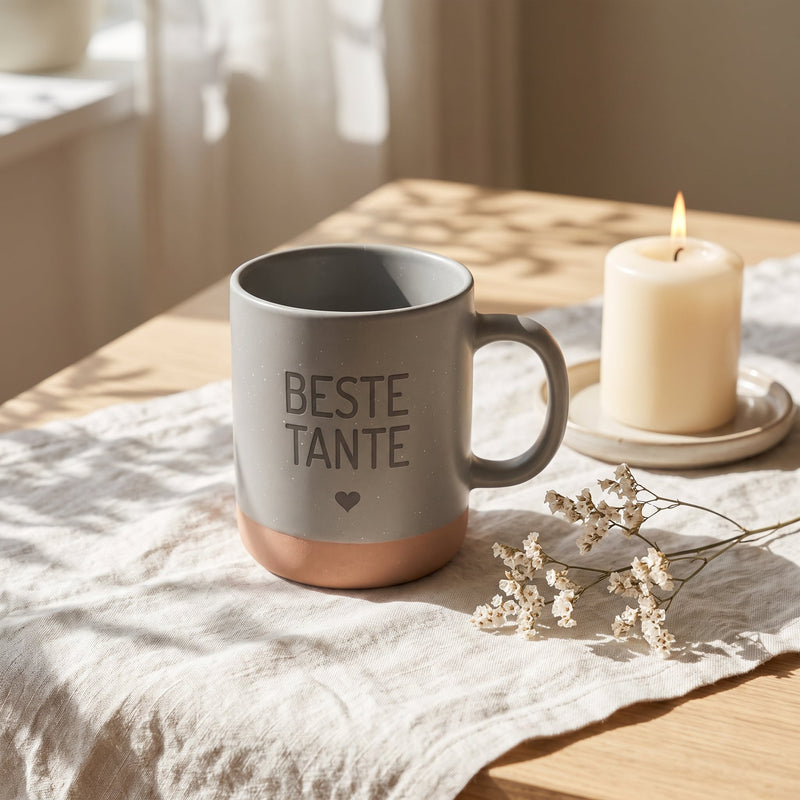 Keramik Tasse 360ml - Beste in grau: beste tante, auf Leinen mit Kerze und Trockenblumen.