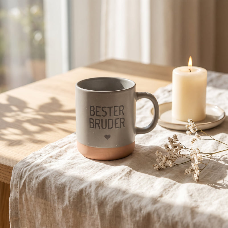 Keramik Tasse 360ml - Beste in grau: bester bruder, auf Leinen mit Kerze und Trockenblumen.