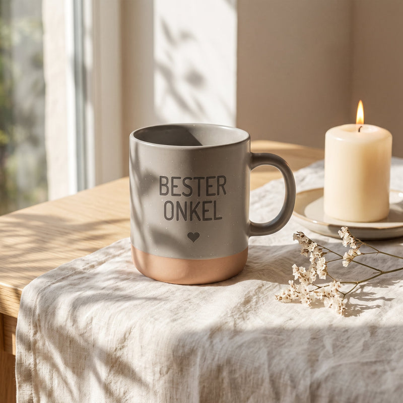 Keramik Tasse 360ml - Beste in grau: bester onkel, auf Leinen mit Kerze und Trockenblumen.