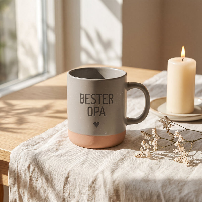 Keramik Tasse 360ml - Beste in grau: bester opa, auf Leinen mit Kerze und Trockenblumen.
