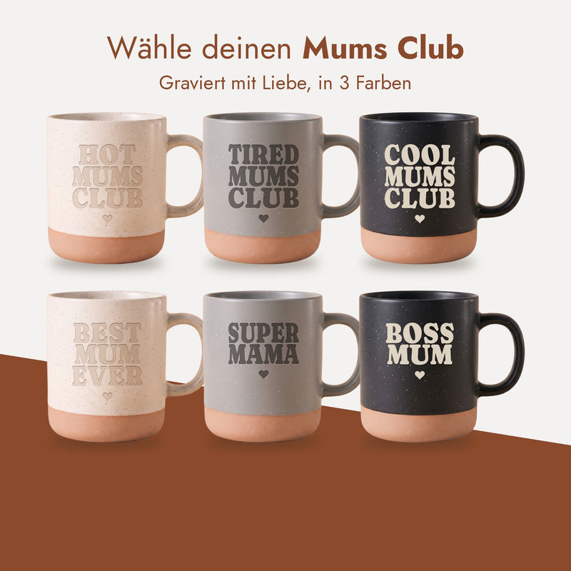 Alle Schriftzüge der Keramik Tasse 360ml in Weiß, Grau und Schwarz nebeneinander