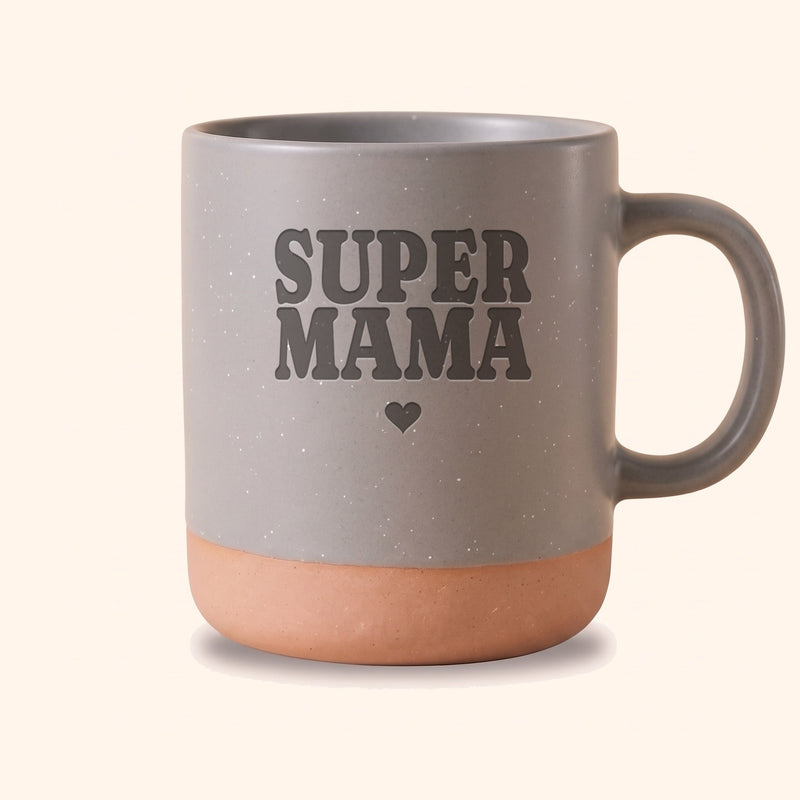 Keramik Tasse 360ml grau mit Gravur „Super Mama" und Herz