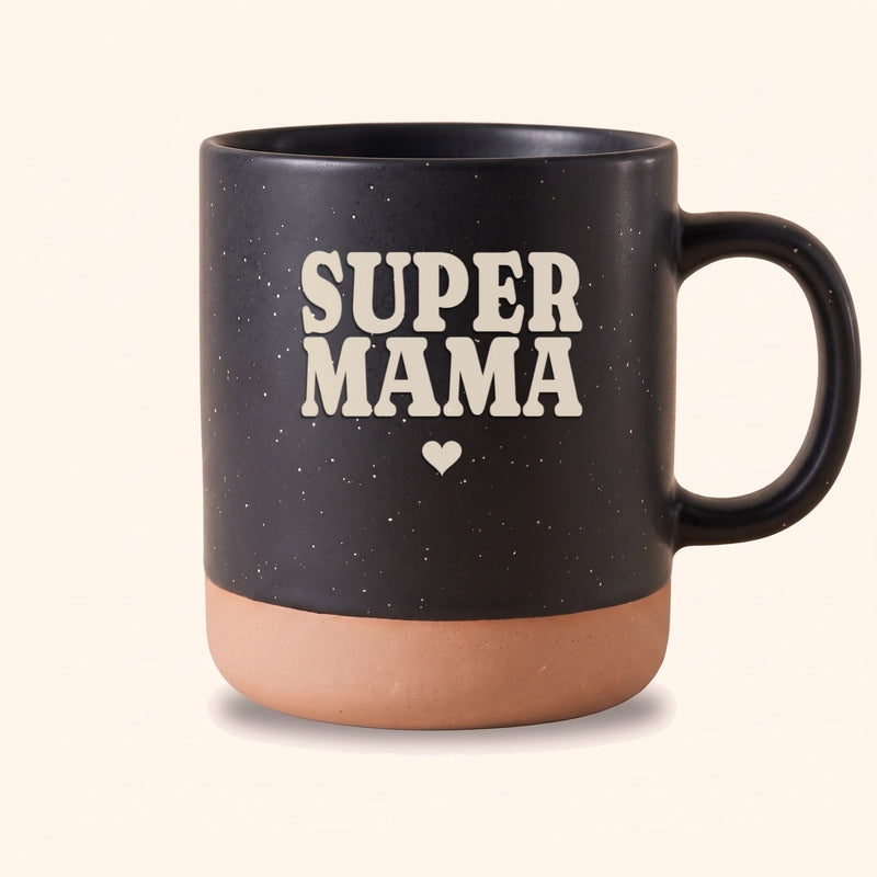 Keramik Tasse 360ml schwarz mit Gravur „Super Mama" und Herz