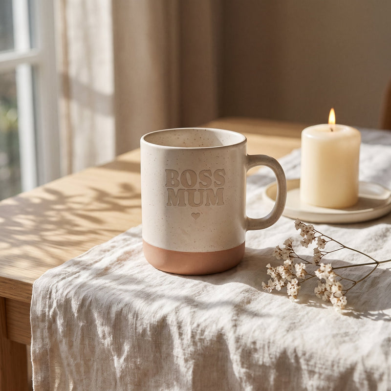 Steingut Tasse 360ml - Hot Mums Club in weiß: boss mum, auf Leinen mit Kerze und Trockenblumen.