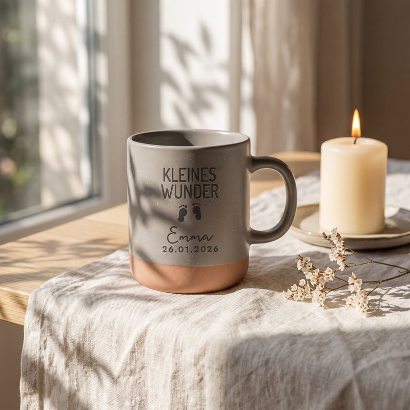 Tasse Kleines Wunder personalisiert mit Name und Geburtsdatum in grau: kleines wunder, auf Leinen mit Kerze und Trockenblumen.