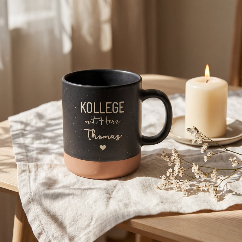 Tasse Kollegin mit Herz personalisiert mit Name in schwarz: kollege, auf Leinen mit Kerze und Trockenblumen.
