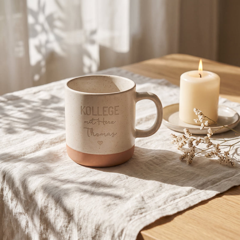 Steingut Tasse 360ml - Kollegin in weiß: kollege, auf Leinen mit Kerze und Trockenblumen.
