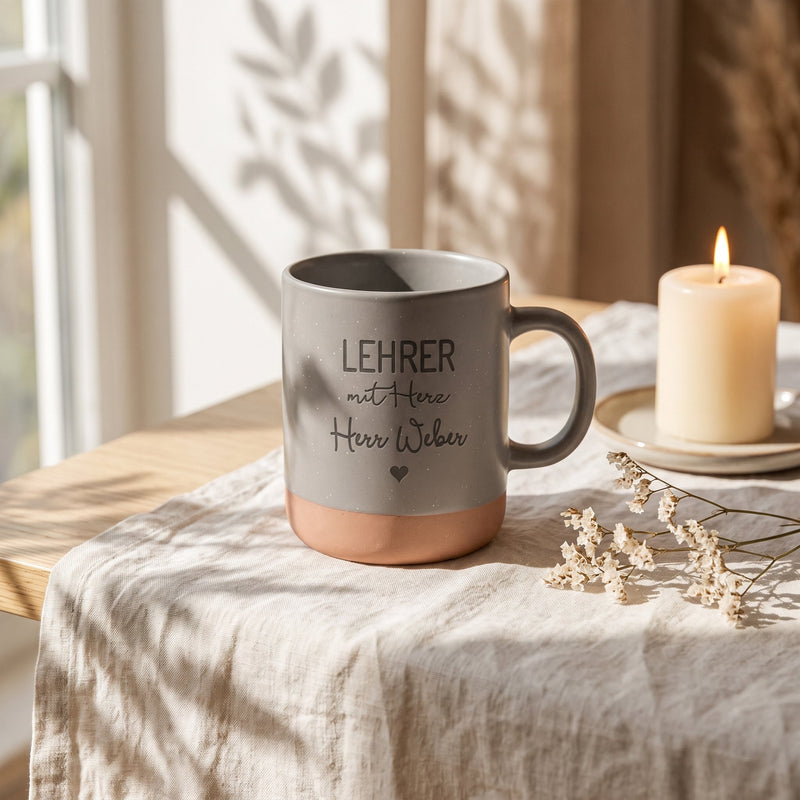 Tasse Lehrerin mit Herz personalisiert mit Name in grau: lehrer, auf Leinen mit Kerze und Trockenblumen.