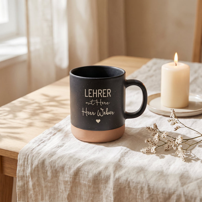 Tasse Lehrerin mit Herz personalisiert mit Name in schwarz: lehrer, auf Leinen mit Kerze und Trockenblumen.