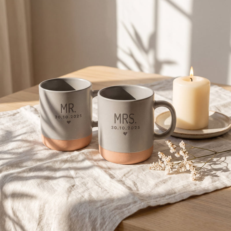 Mr & Mrs Tassen personalisiert mit Datum in grau: Set mr mrs, auf Leinen mit Kerze und Trockenblumen.
