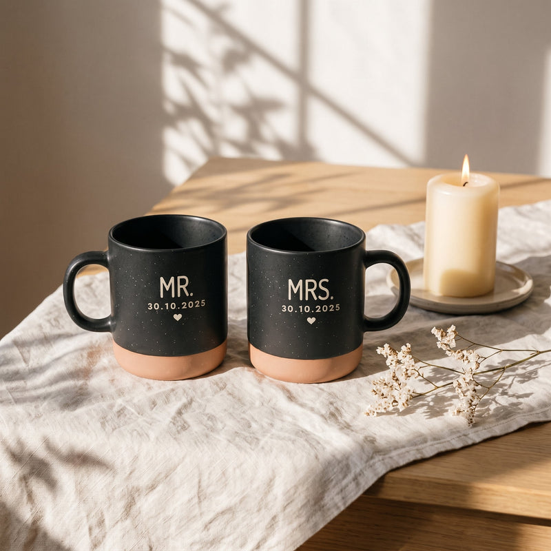 Mr & Mrs Tassen personalisiert mit Datum in schwarz: Set mr mrs, auf Leinen mit Kerze und Trockenblumen.