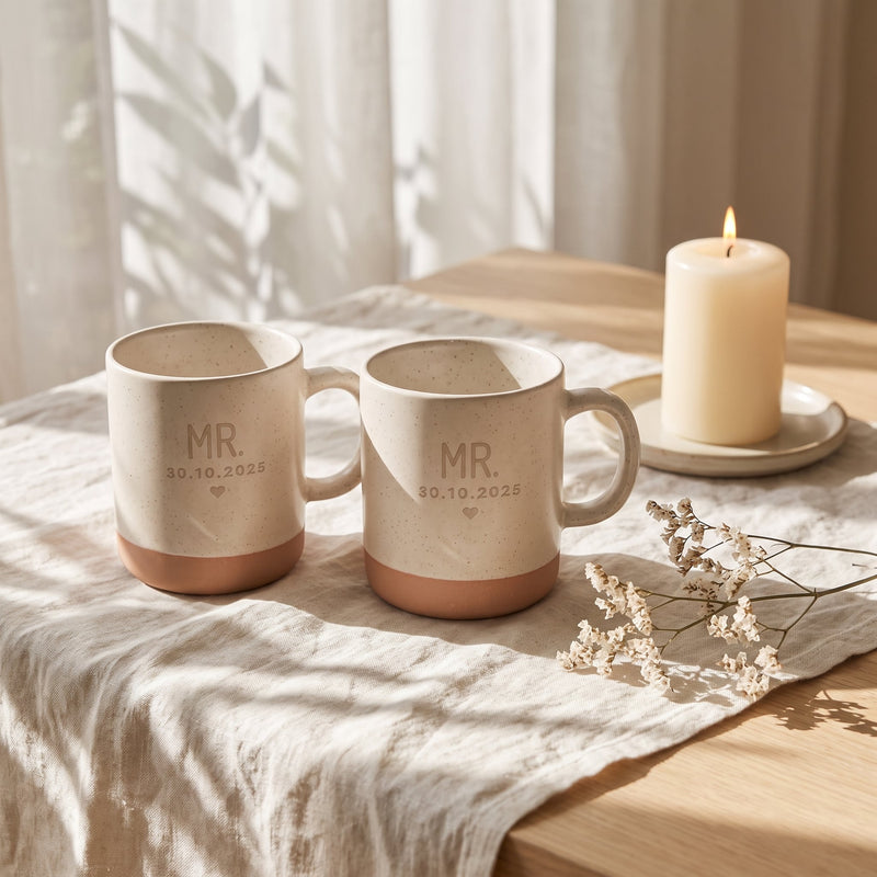 Steingut Tasse 360ml - Mr & Mrs in weiß: Set mr mr, auf Leinen mit Kerze und Trockenblumen.