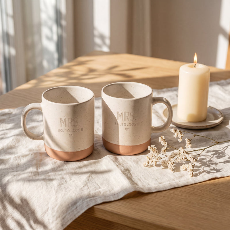 Steingut Tasse 360ml - Mr & Mrs in weiß: Set mrs mrs, auf Leinen mit Kerze und Trockenblumen.