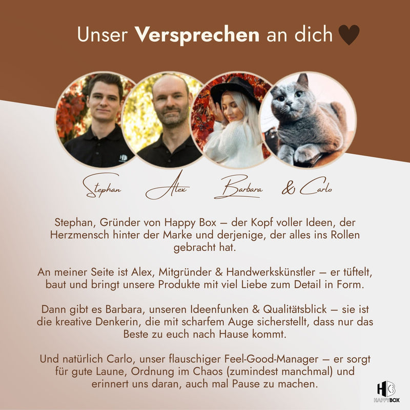 Team-Vorstellung Happy Box mit Gründer Stephan, Alex, Barbara und Katze Carlo samt Markenversprechen.